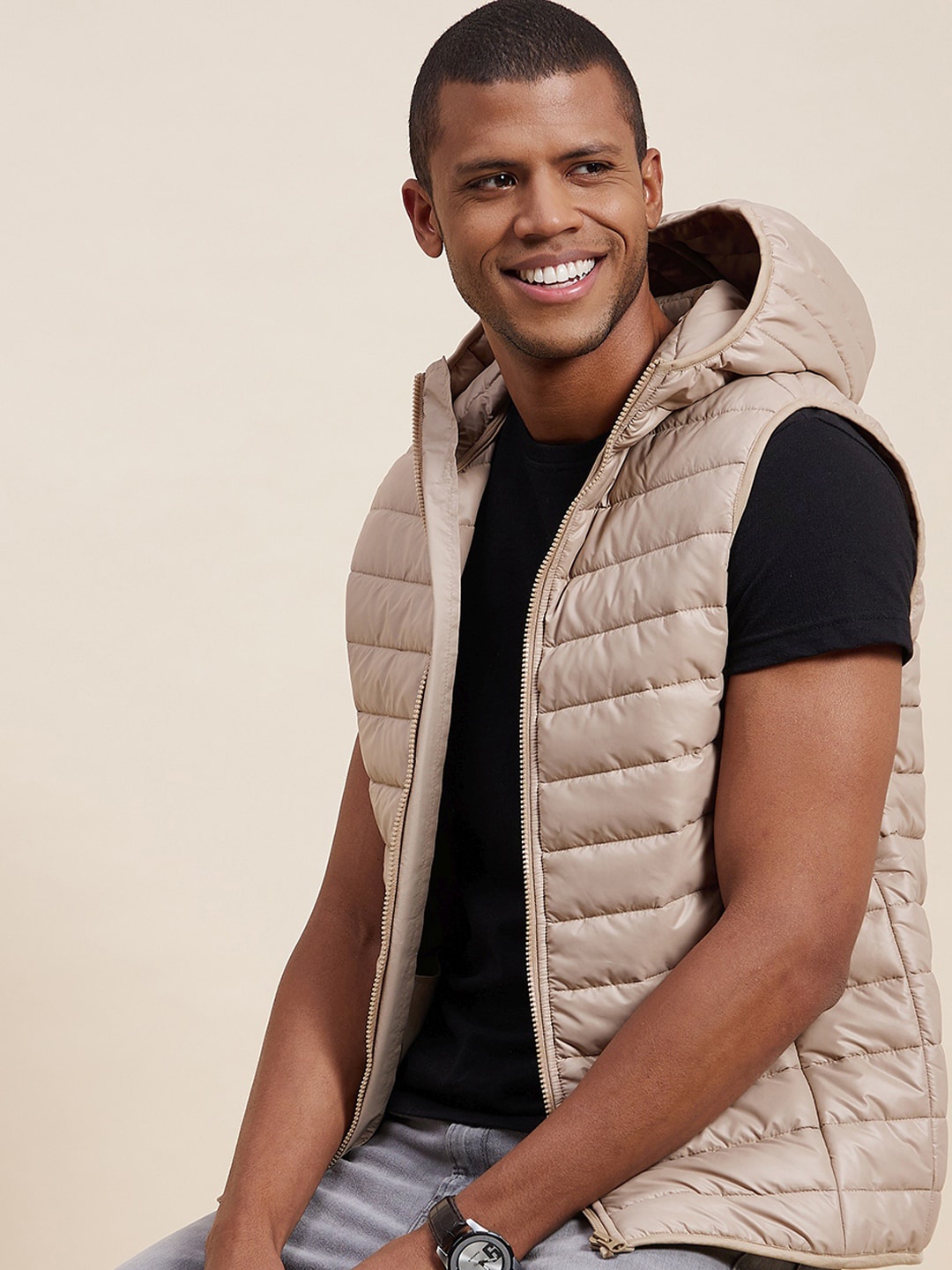 

MASCLN SASSAFRAS Men Khaki Hooded Puffer Jacket