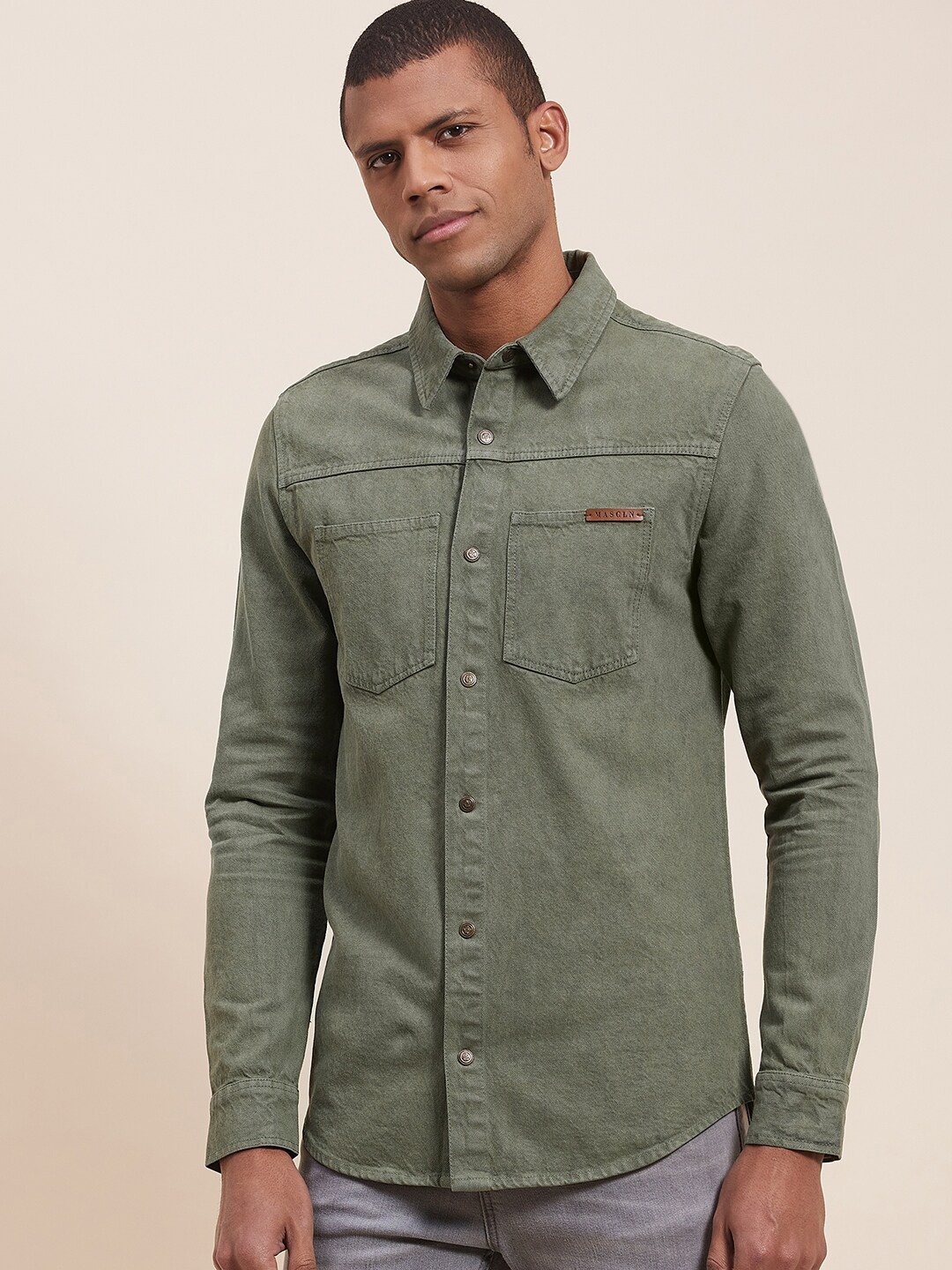 

MASCLN SASSAFRAS Men Olive Green Casual Shirt