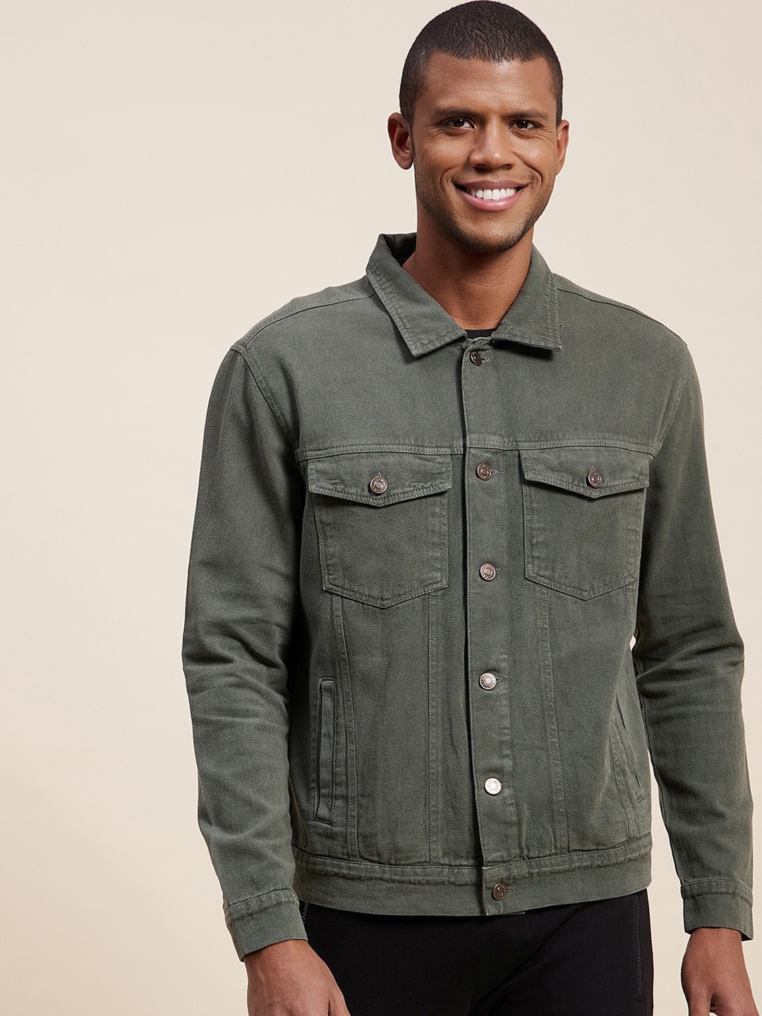 

MASCLN SASSAFRAS Men Olive Green Solid Denim Jacket