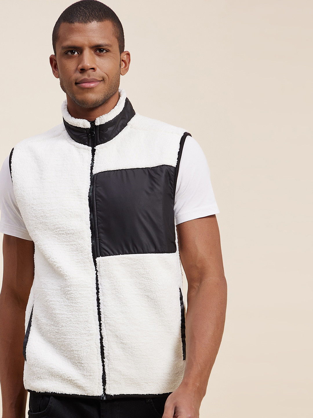 

MASCLN SASSAFRAS Men White Colourblocked Crop Bomber Jacket