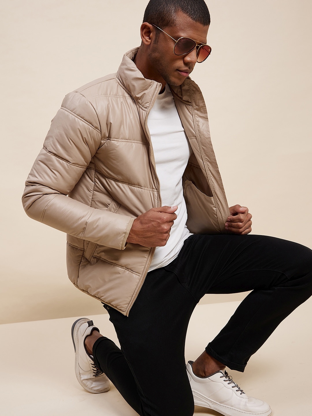 

MASCLN SASSAFRAS Men Khaki Colourblocked Longline Puffer Jacket