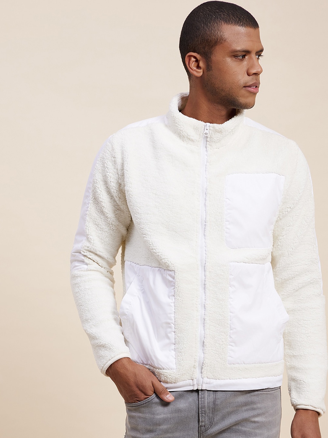 

MASCLN SASSAFRAS Men Off-White Bomber Jacket with Patchwork