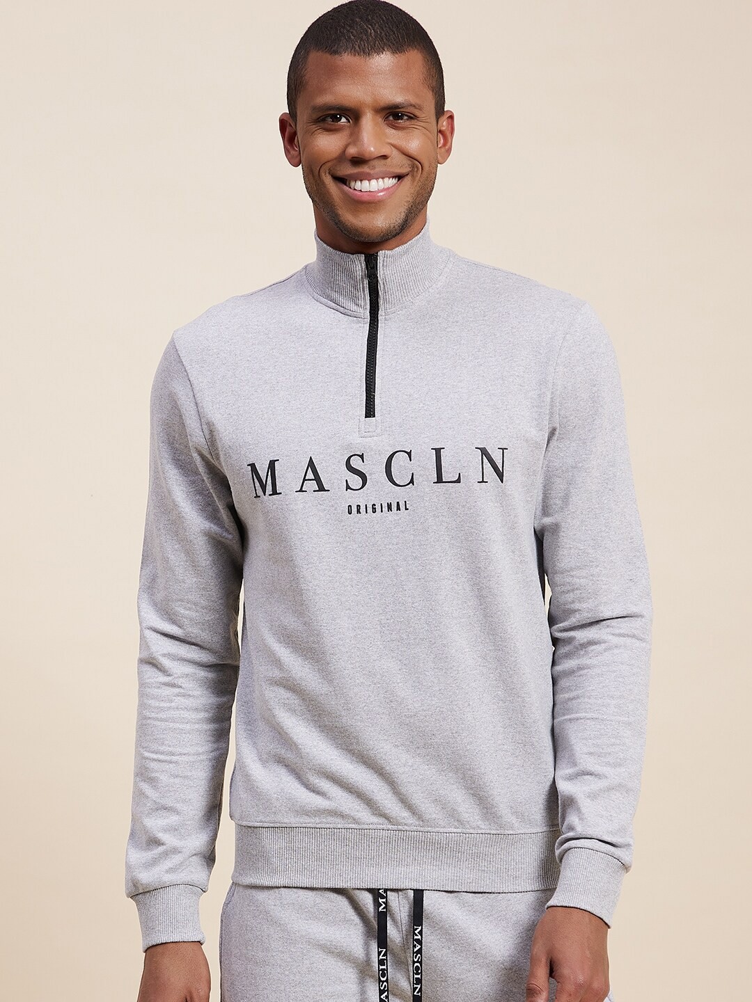 

MASCLN SASSAFRAS Men Grey Printed Half Zipper Sweatshirt