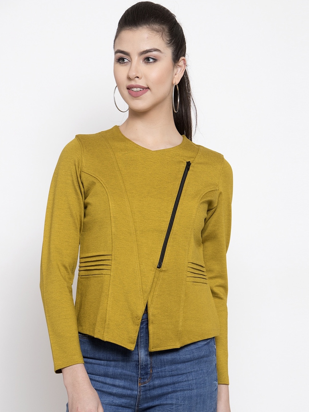 

armure Women Mustard Striped Lightweight Crop Tailored Jacket