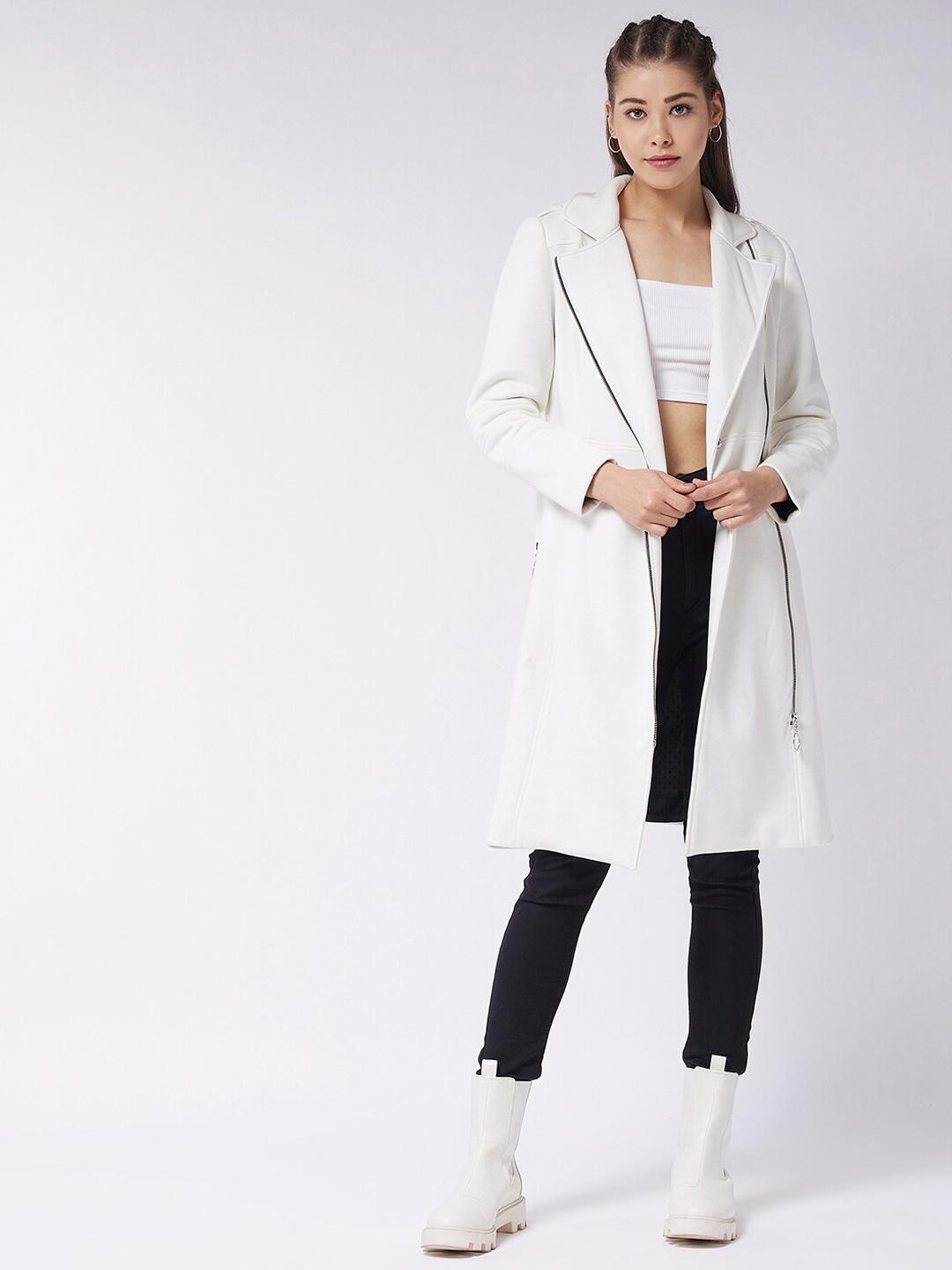 

Miss Chase Women Off White Longline Overlapped Jacket