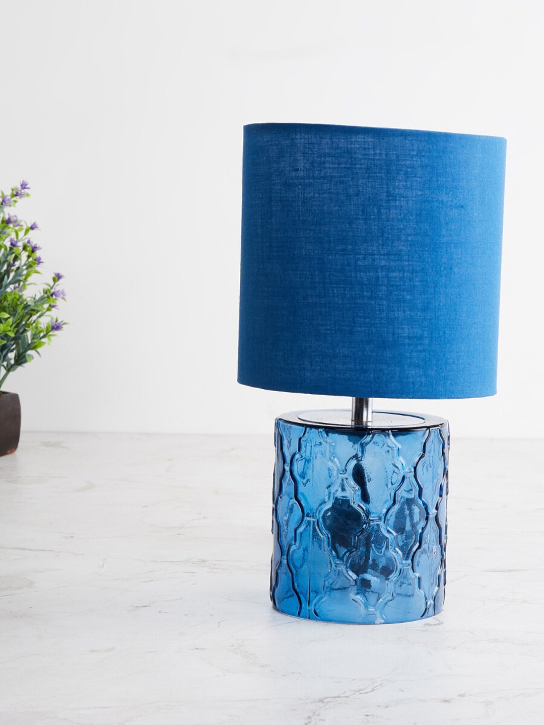 

Home Centre Blue Embossed Glass Table Lamp With Shade