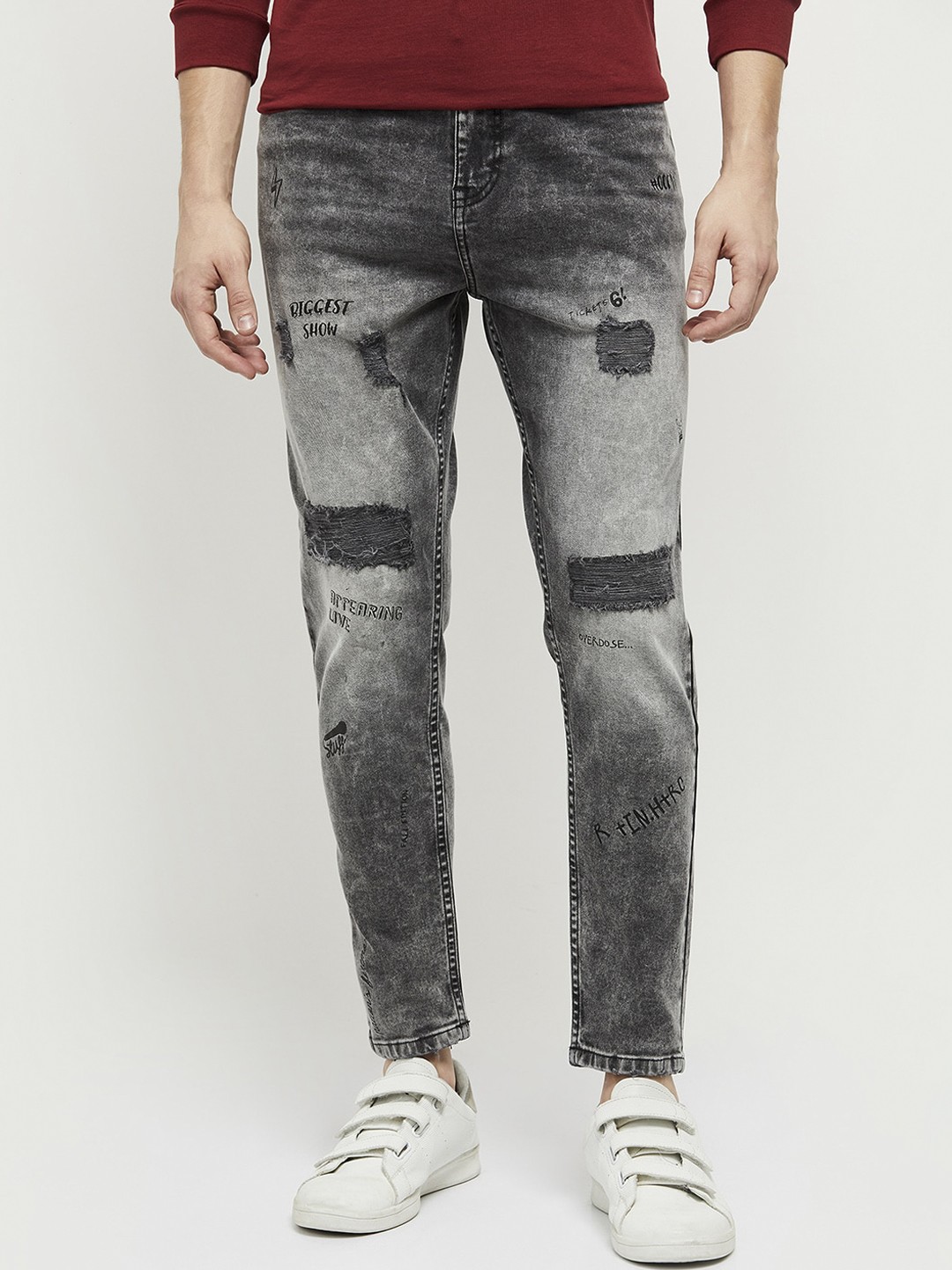 

max Men Grey Slim Fit Highly Distressed Heavy Fade Jeans