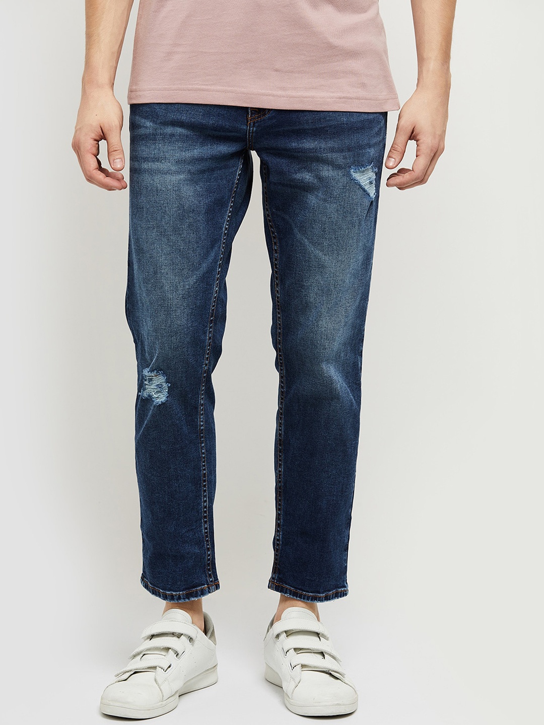 

max Men Navy Blue Slim Fit Low Distress Light Fade Stretchable Jeans