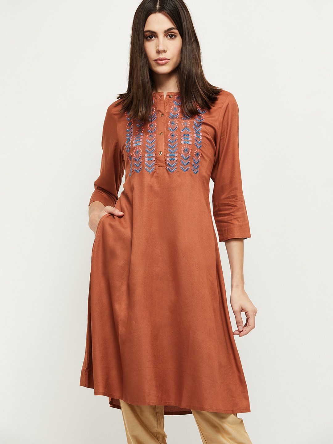 

max Women Brown Embroidered Thread Work Kurta