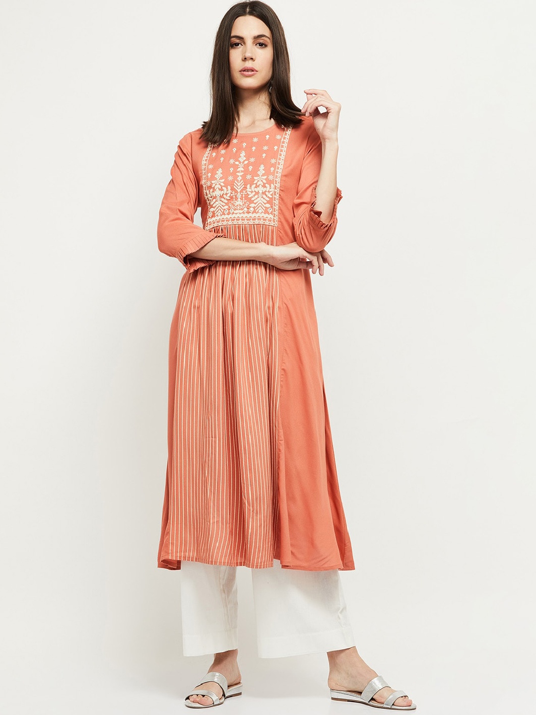 max Women Orange Geometric Yoke Design Mirror Work Anarkali Kurta