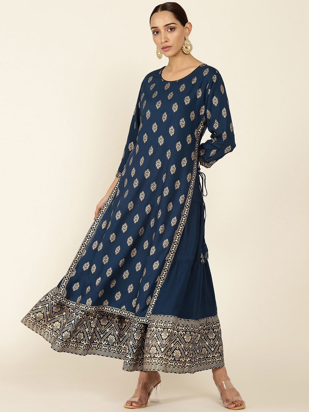 

Soch Women Teal & Gold-Coloured Ethnic Motifs Printed Layered A-line Kurta