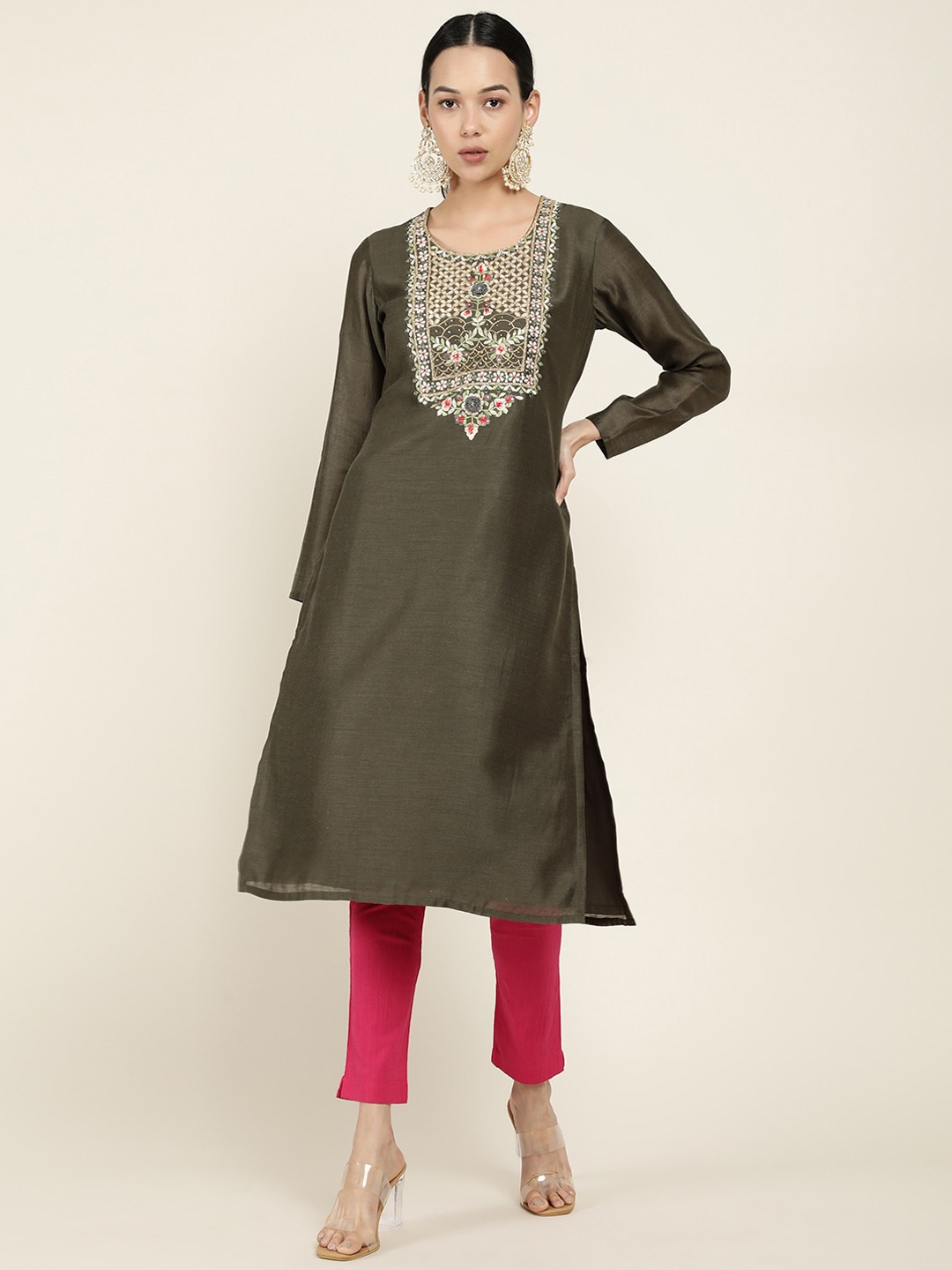 

Soch Women Olive Green & Gold-Toned Yoke Design Keyhole Neck Flared Sleeves Thread Work Chanderi Silk Kurta