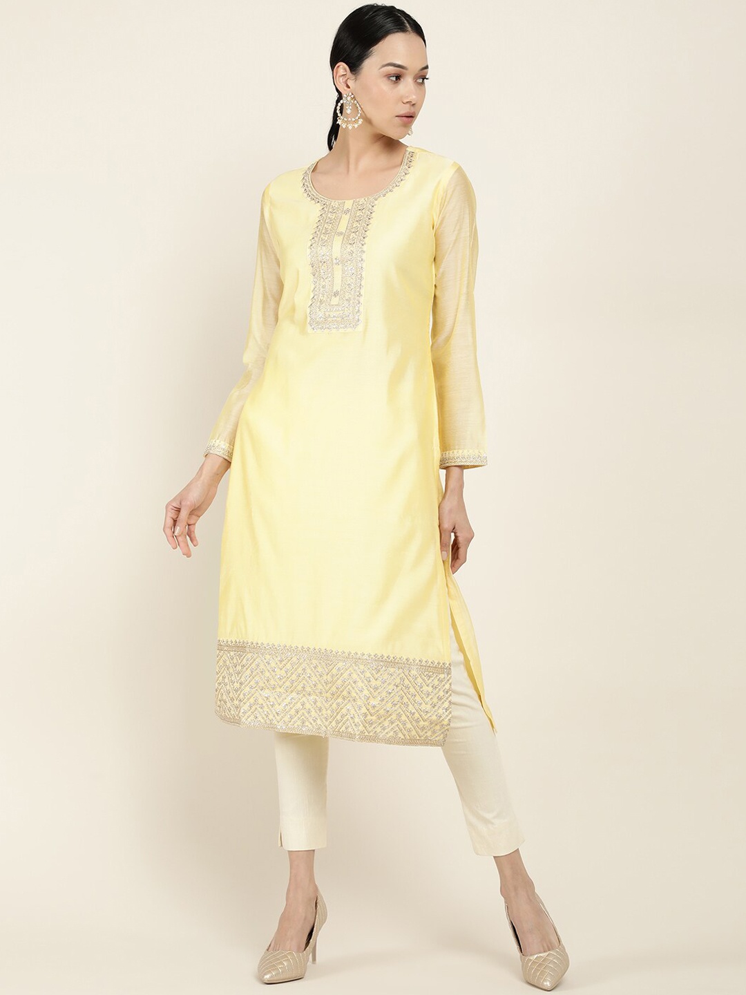 

Soch Women Yellow Embroidered Cold-Shoulder Sleeves Chanderi Silk Chanderi Silk Kurta