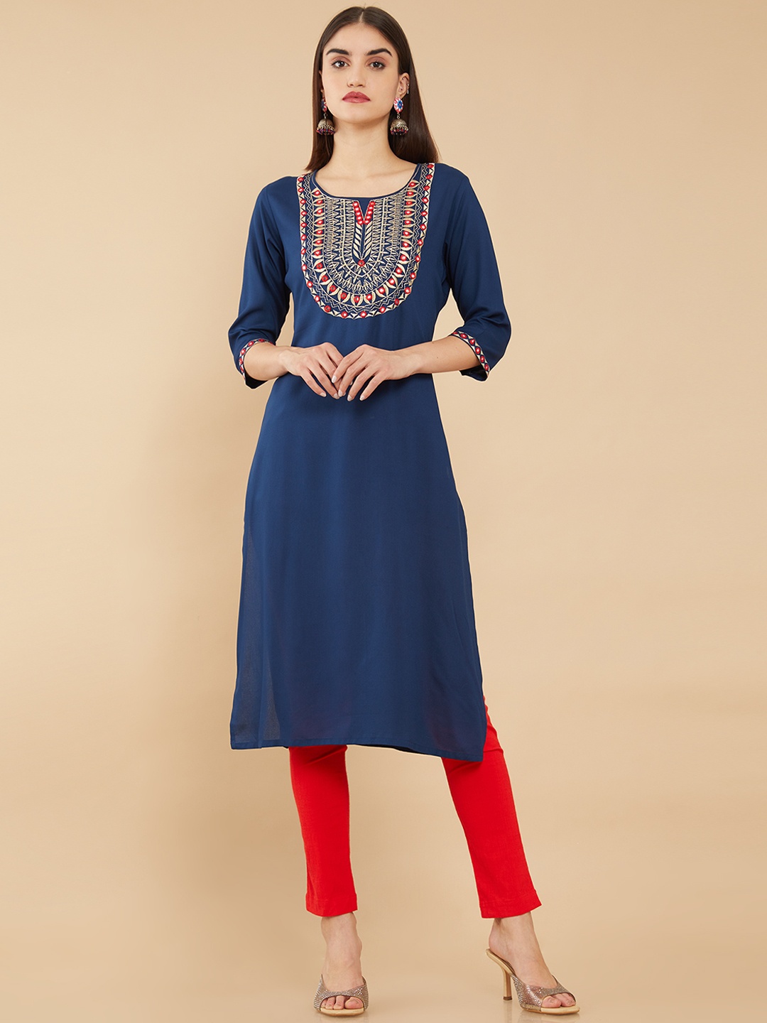 

Soch Women Blue Ethnic Motifs Embroidered Kurta