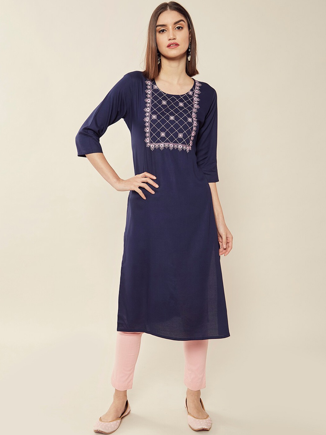 

Soch Women Navy Blue & White Ethnic Motifs Straight Kurta