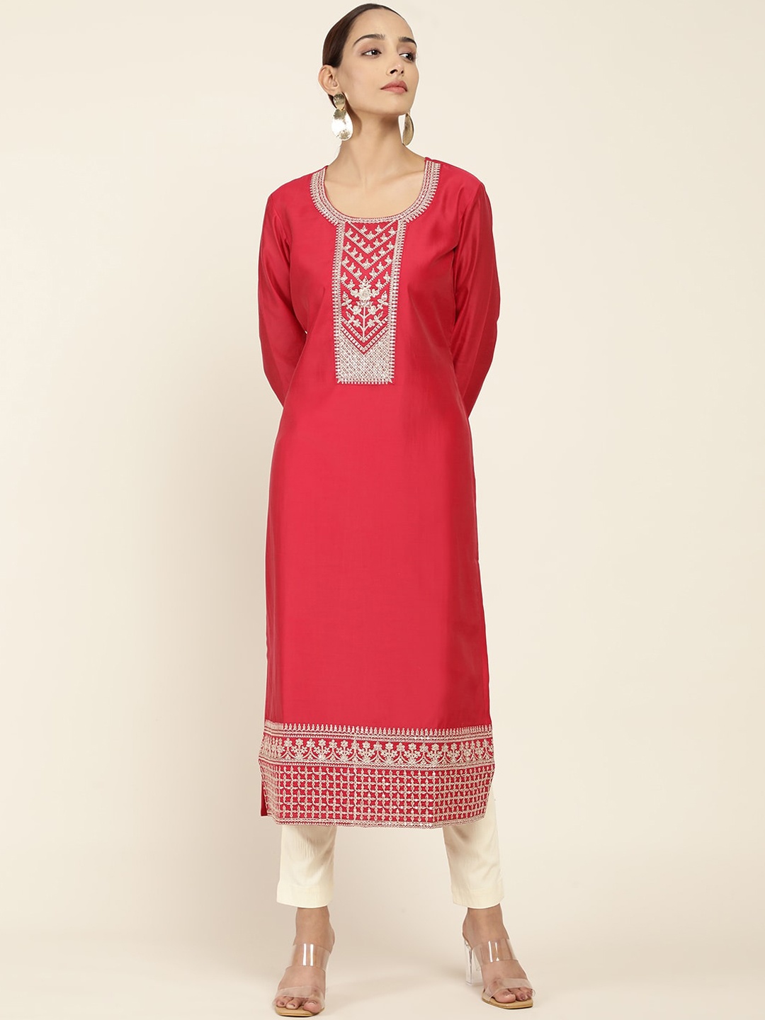 

Soch Women Red Geometric Yoke Design Thread Work Chanderi Silk Kurta