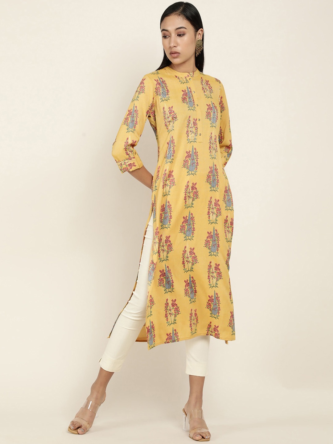 

Soch Women Mustard Yellow Floral Embroidered Kurta