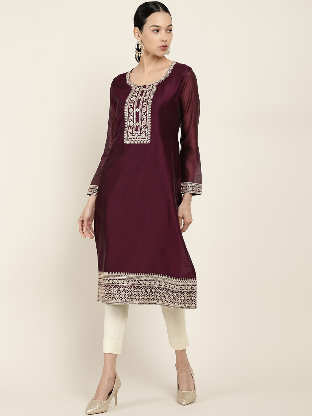

Soch Women Burgundy & Gold-Coloured Embroidered Gotta Patti Chanderi Silk A-line Kurta