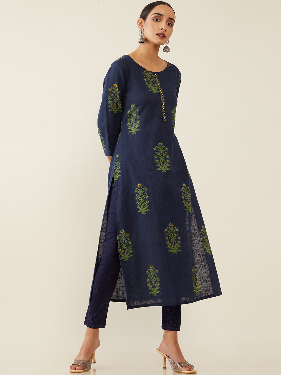 

Soch Women Navy Blue & Green Ethnic Motifs Kurta