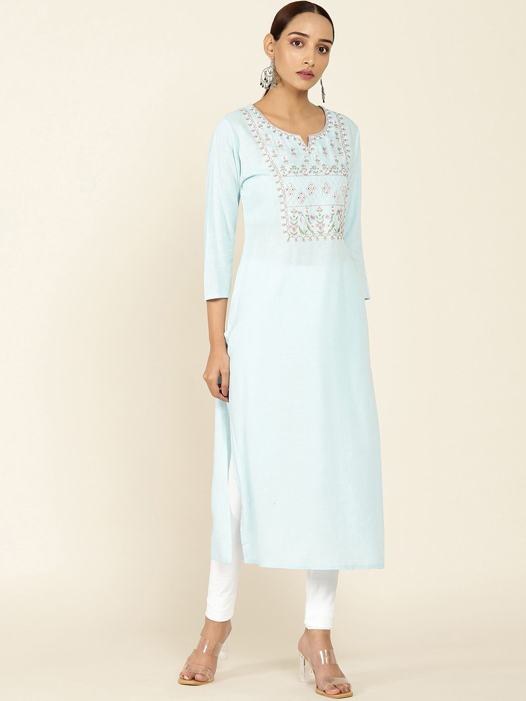 

Soch Women Blue Geometric Yoke Design Chikankari Straight Kurta