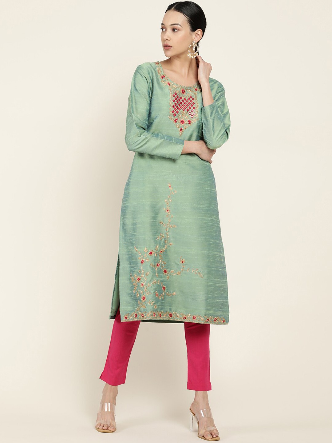 

Soch Women Green Yoke Design Yoke Design Flared Sleeves Thread Work Kurta