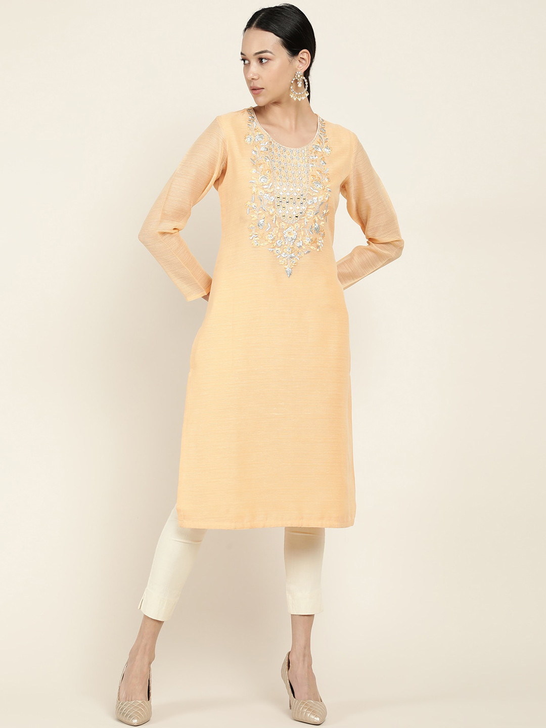 

Soch Women Orange & Silver-Toned Floral Embroidered Straight Kurta