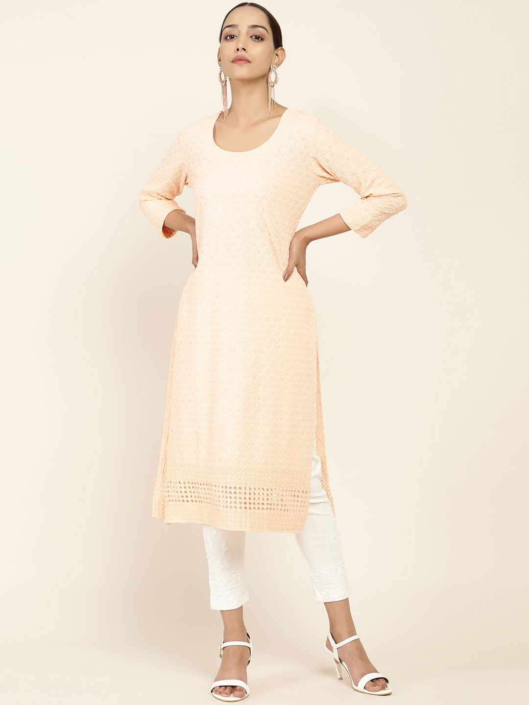 

Soch Women Peach-Coloured Floral Embroidered Kurta