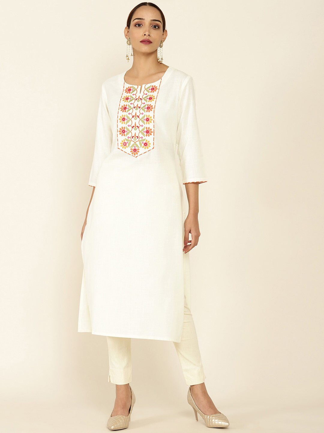 

Soch Women White & Yellow Floral Embroidered Thread Work Kurta