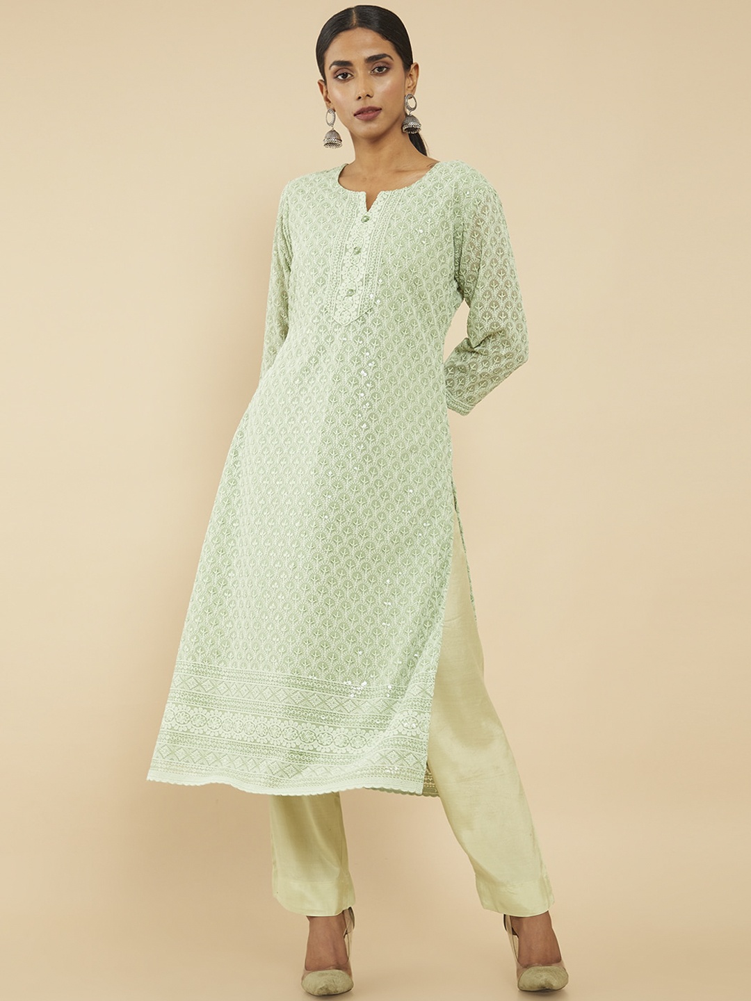 

Soch Women Green Geometric Embroidered Georgette Straight Kurta
