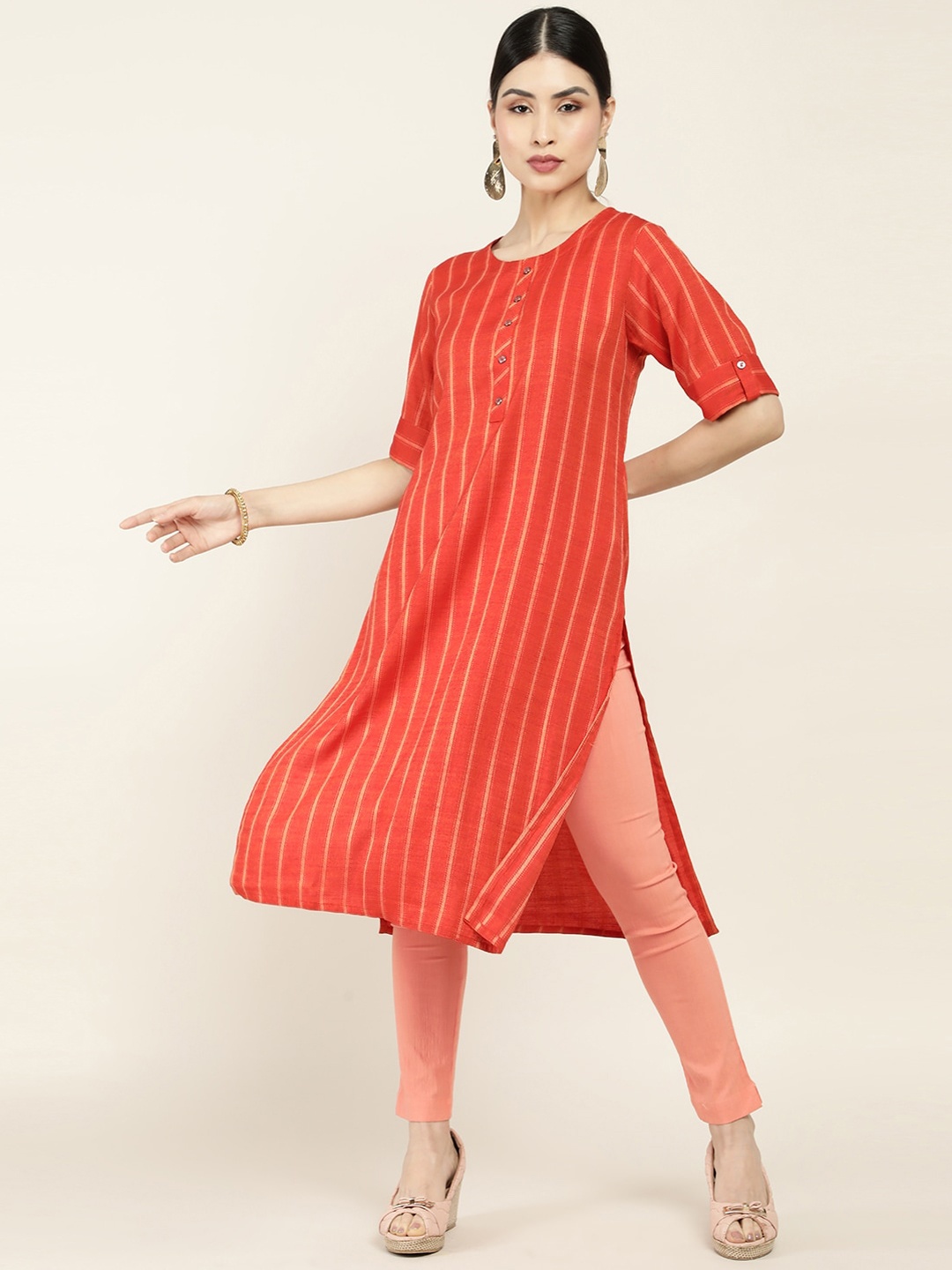 

Soch Women Orange Striped Kurta