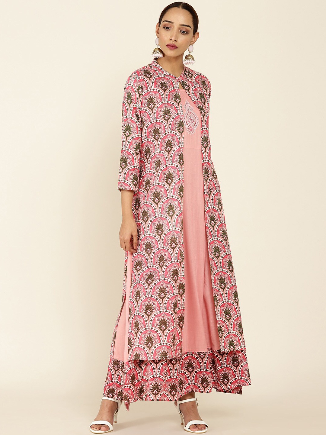 

Soch Women Pink Floral Printed Flared Sleeves Thread Work Anarkali Kurta