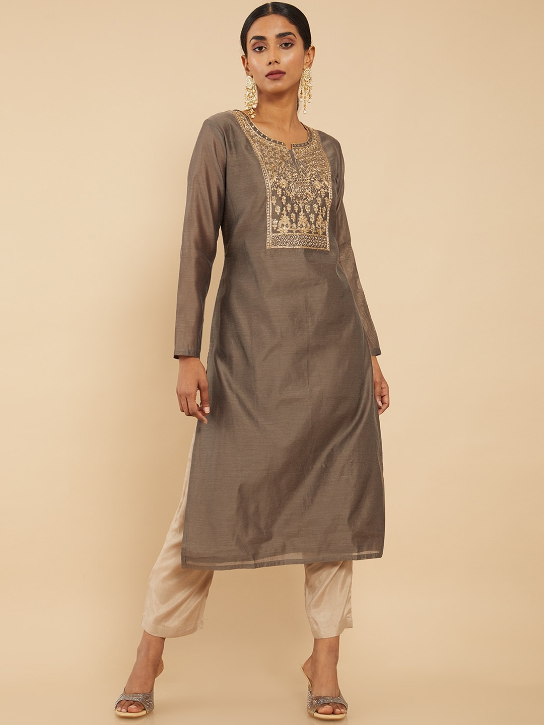 

Soch Women Brown Ethnic Motifs Yoke Design Chanderi Silk Kurta