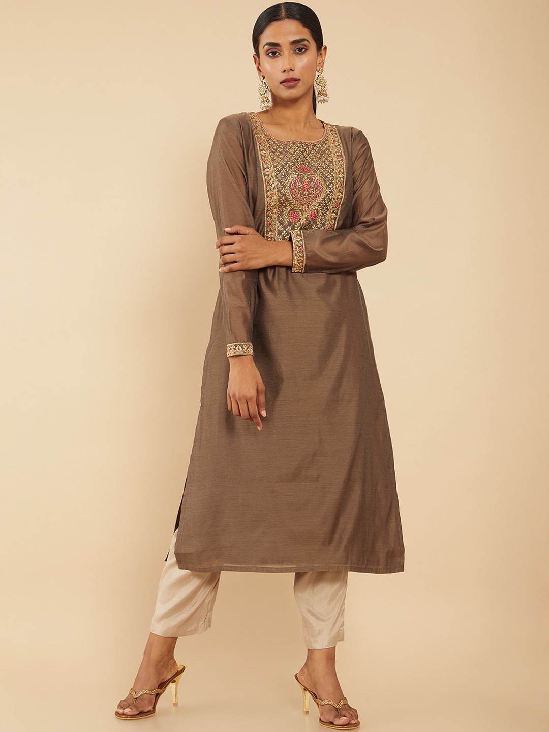 

Soch Women Brown Yoke Design Flared Sleeves Thread Work Chanderi Silk Chanderi Silk Kurta