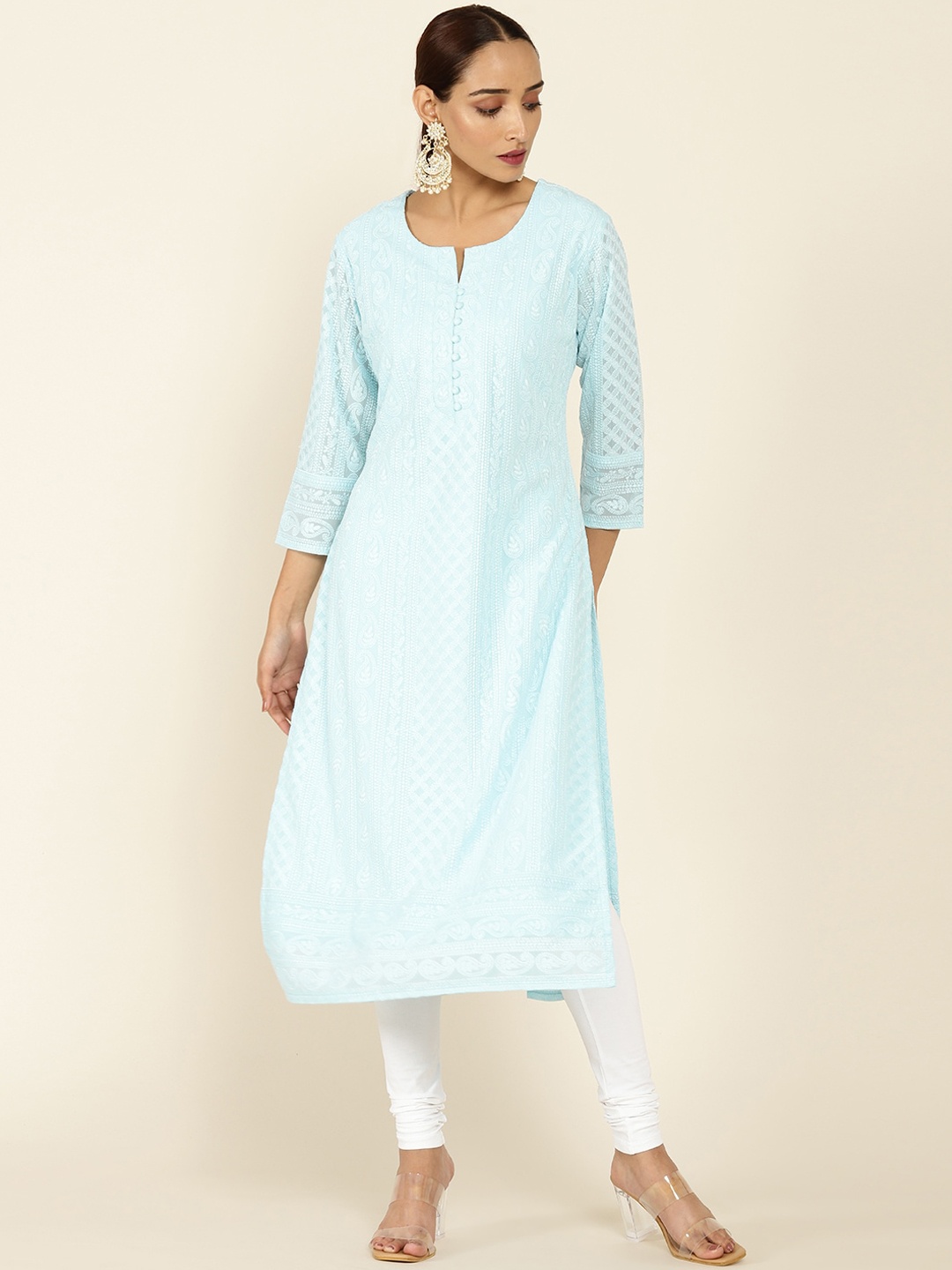 

Soch Women Blue & White Floral Embroidered Georgette Kurta