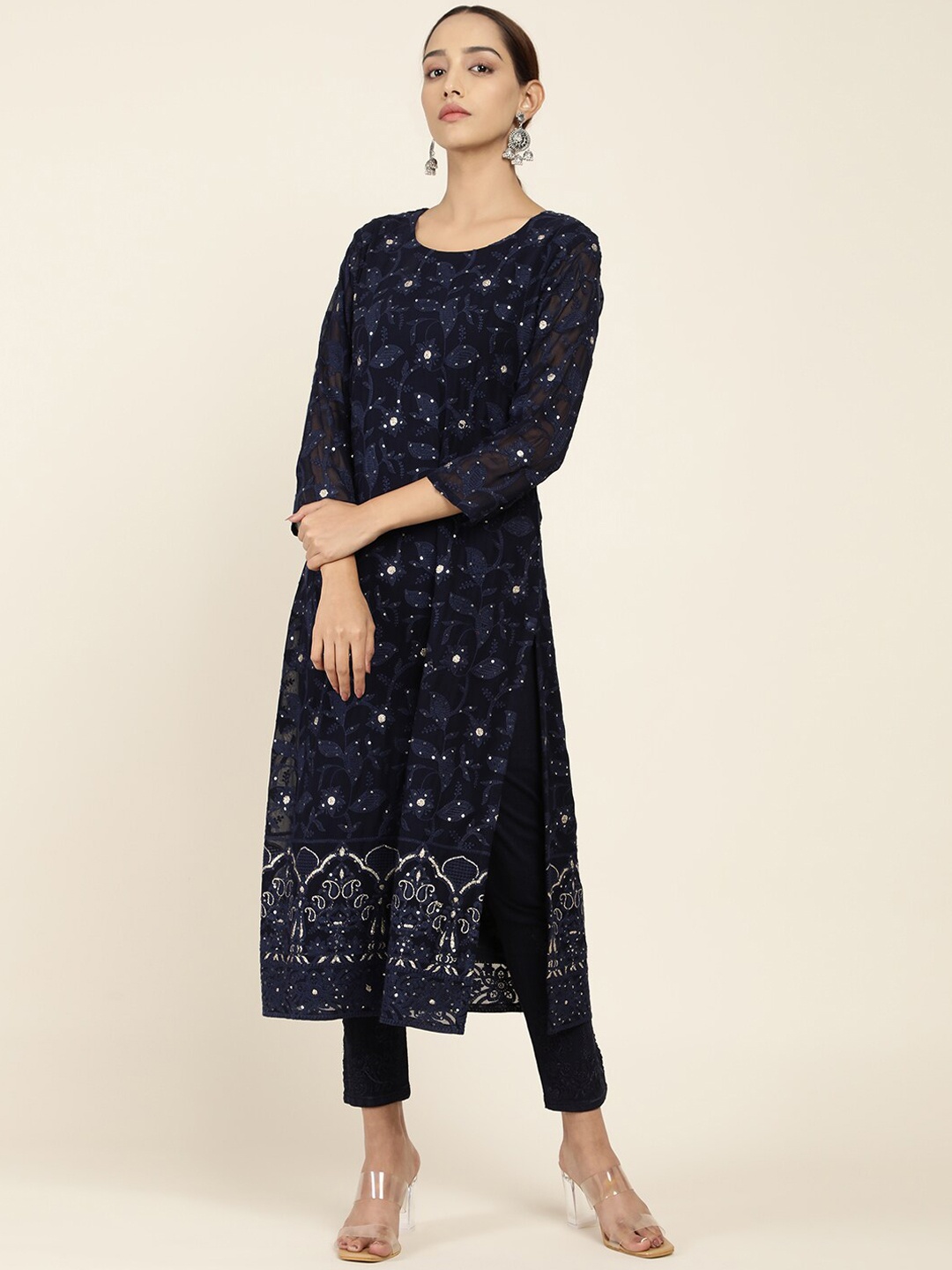 

Soch Women Navy Blue Floral Embellished Georgette Kurta