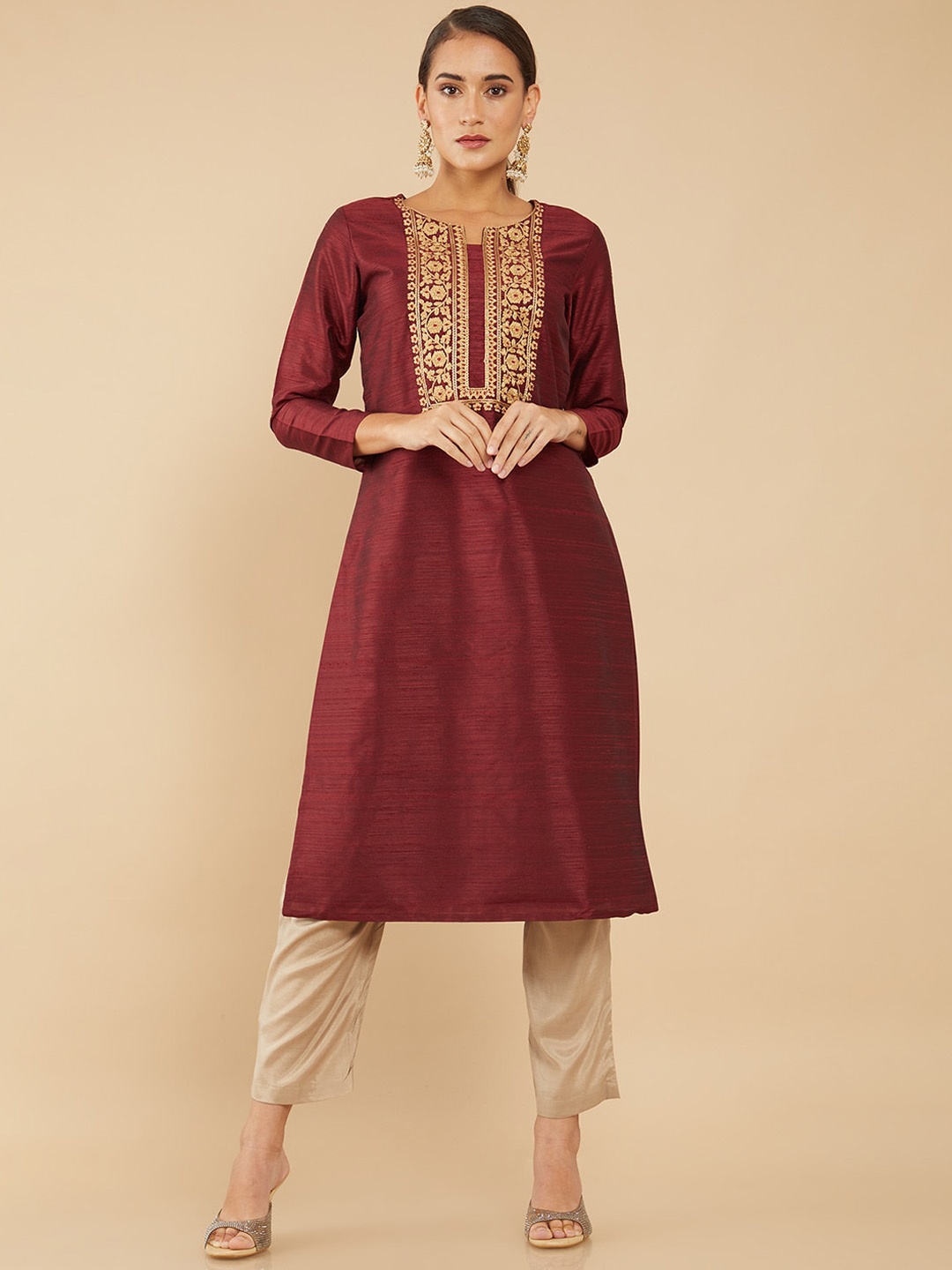 

Soch Women Maroon & Gold-Coloured Embroidered Yoke Design A-line Kurta