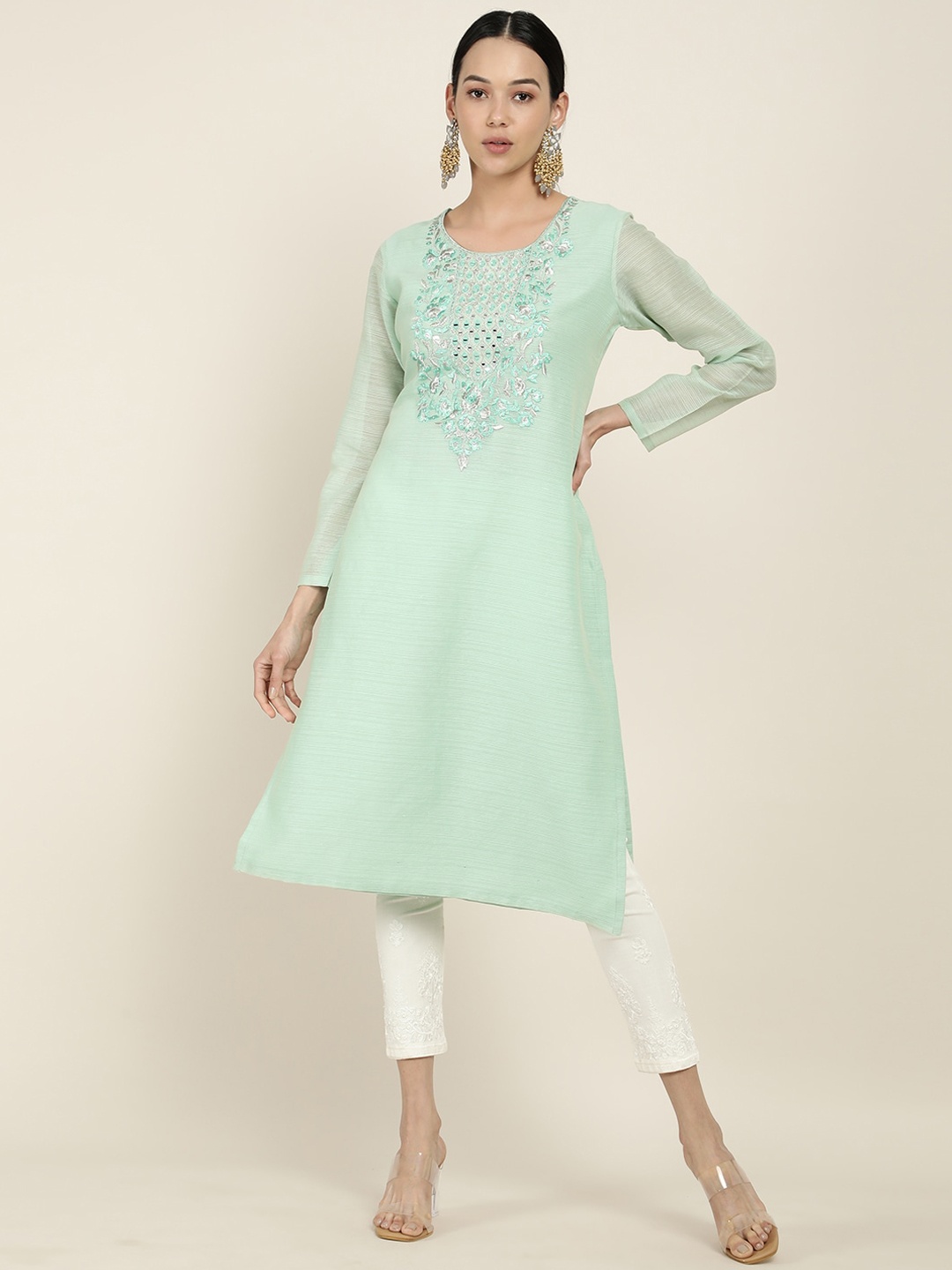 

Soch Women Green Geometric Embroidered Straight Kurta