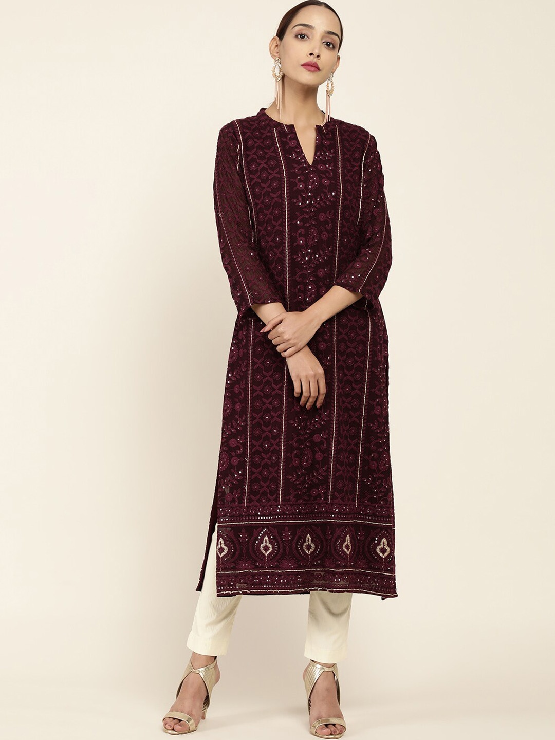 

Soch Women Burgundy Ethnic Motifs Embroidered Georgette Kurta