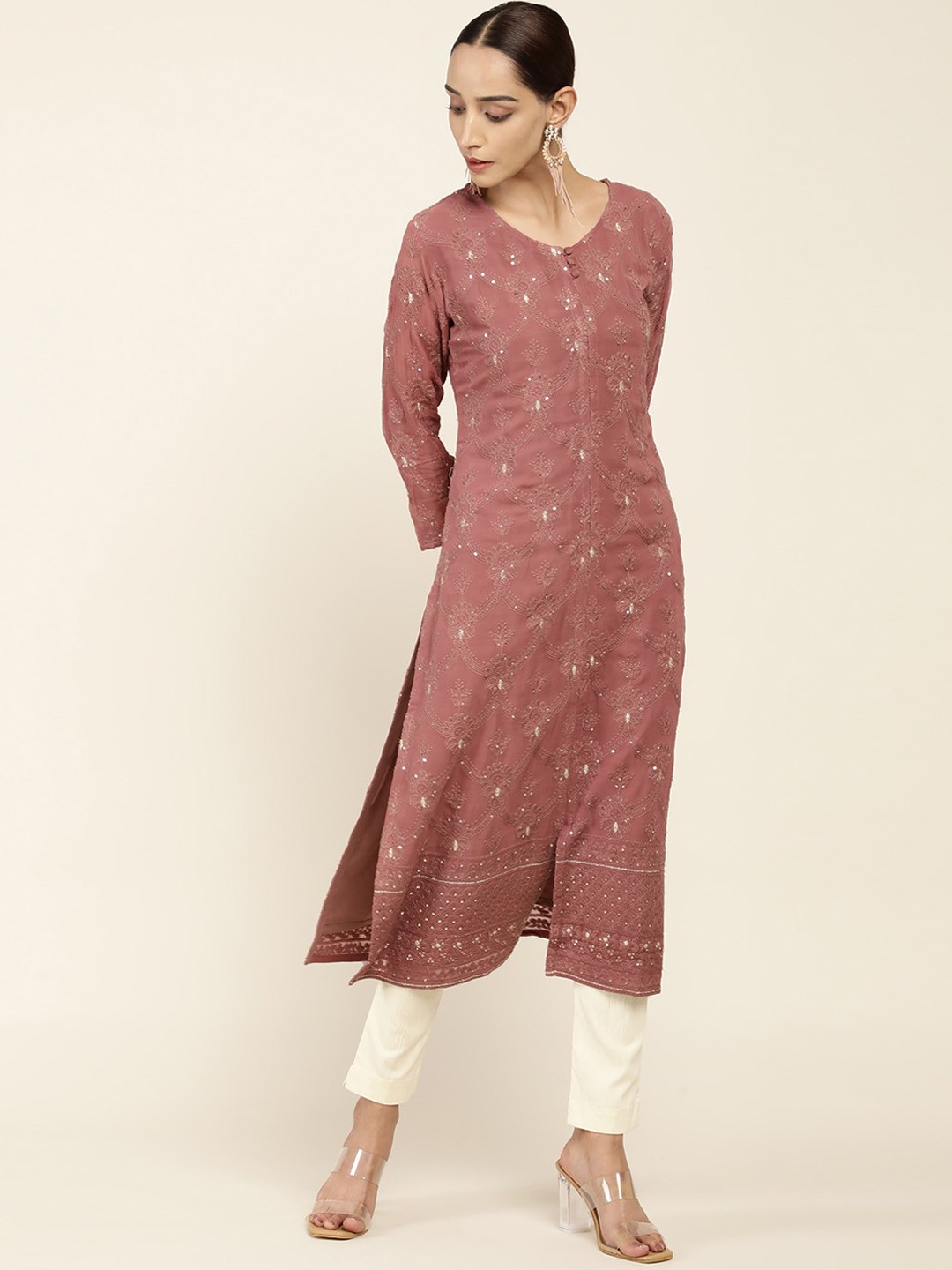 

Soch Women Pink Geometric Dyed Keyhole Neck Thread Work Georgette Kurta