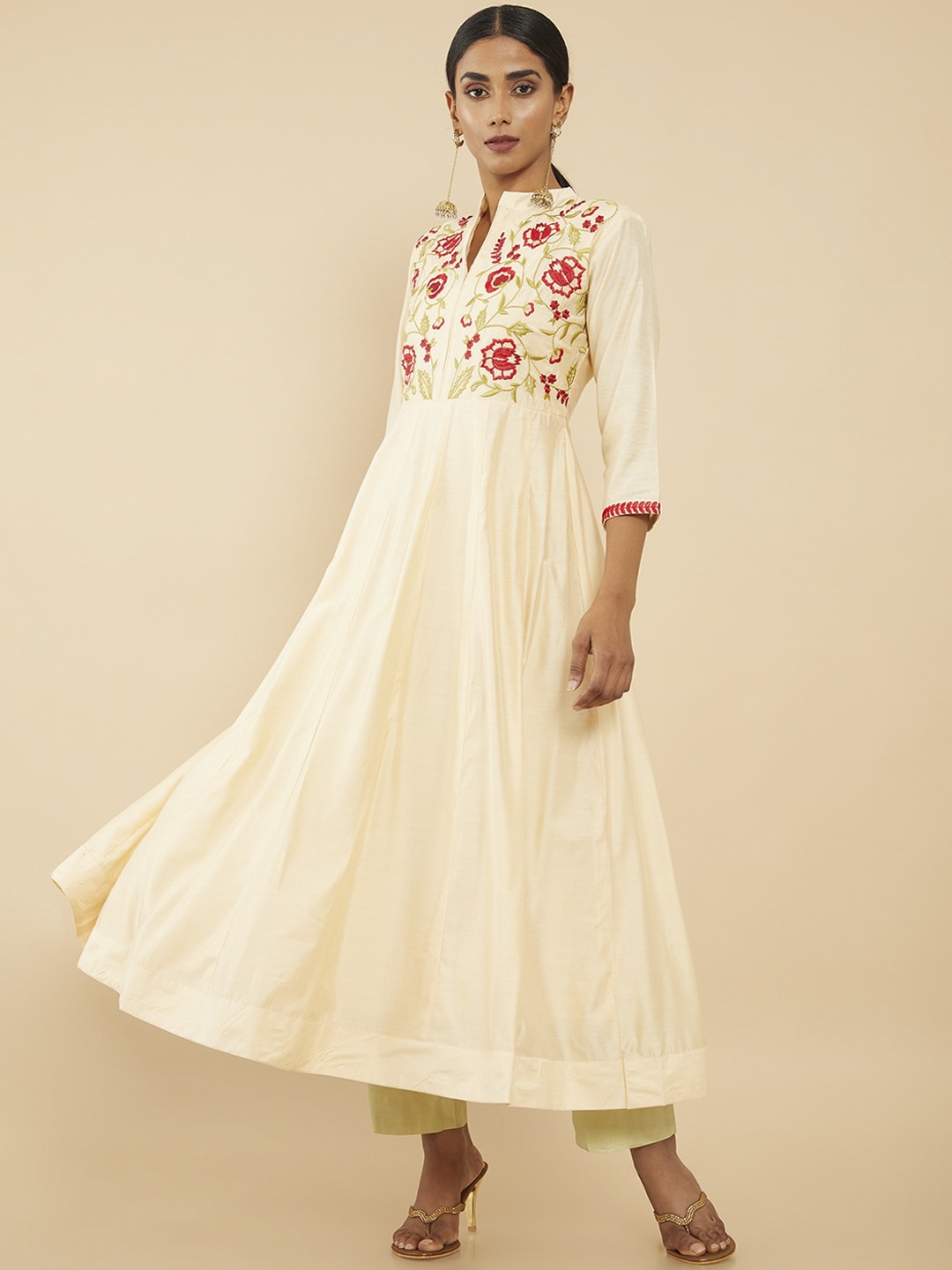 

Soch Women Beige Floral Embroidered Chanderi Silk Anarkali Kurta