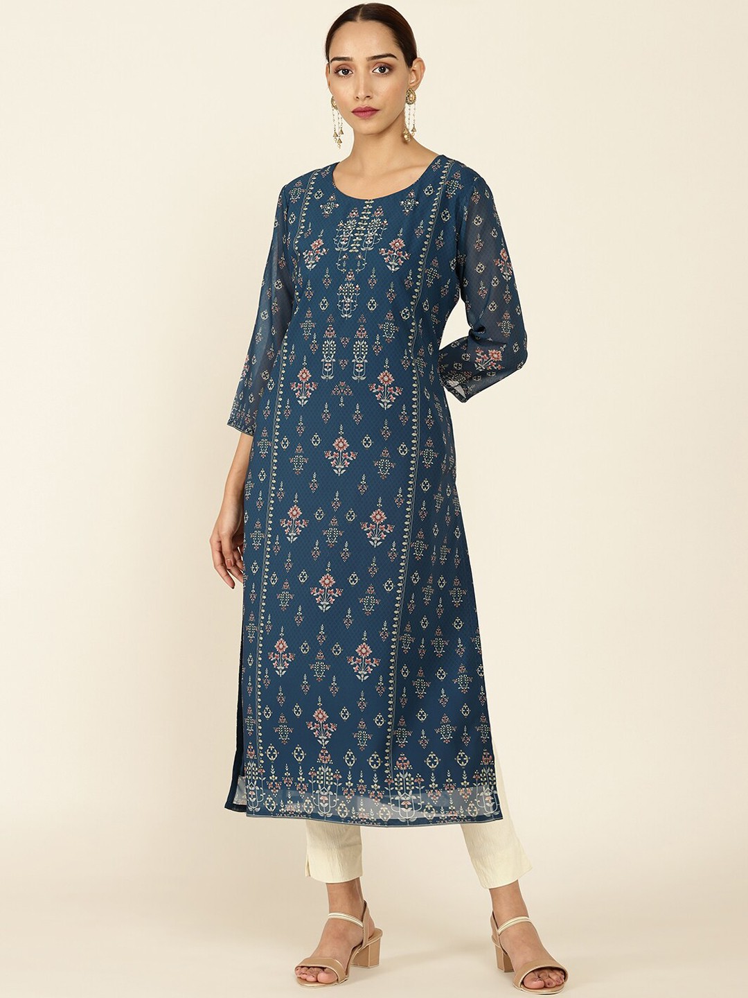 

Soch Women Blue Embroidered Keyhole Neck Flared Sleeves Georgette Kurta