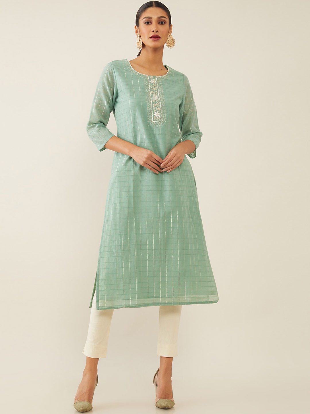 

Soch Women Green Checked Chanderi Silk Kurta