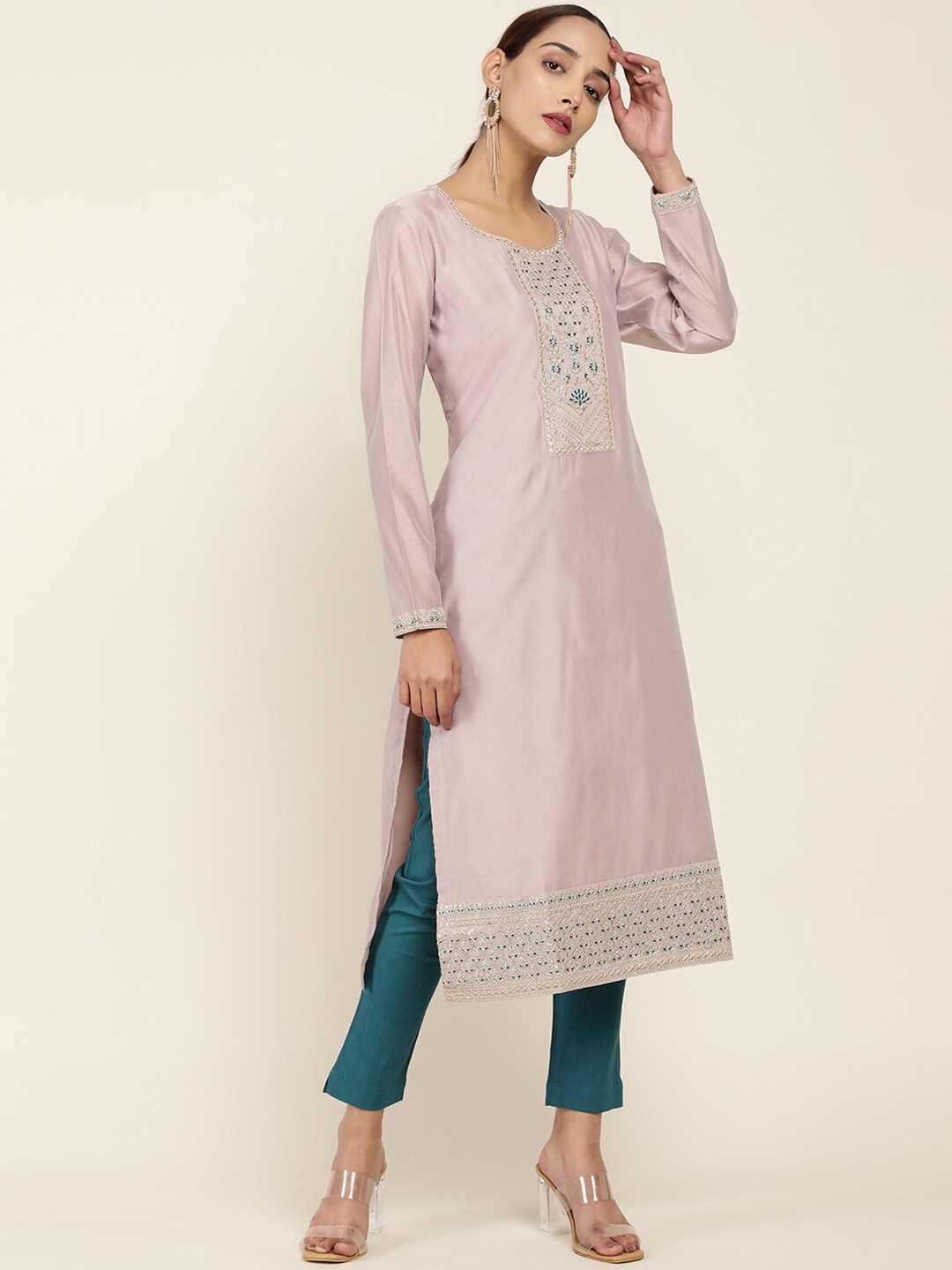 

Soch Women Pink Floral Embroidered Yoke Design Round Neck Chanderi Silk Kurta