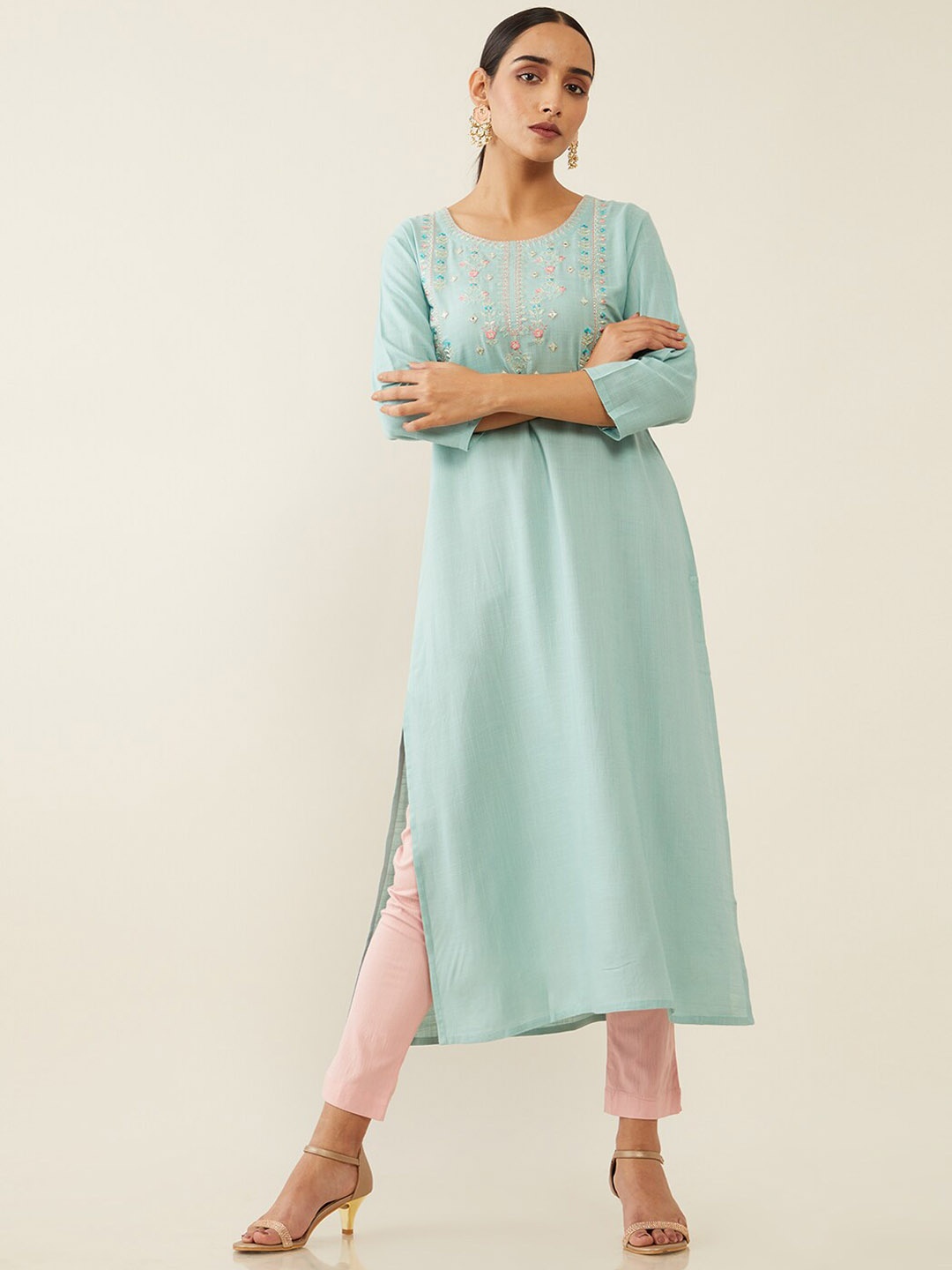 

Soch Women Blue Embroidered Thread Work Straight Kurta