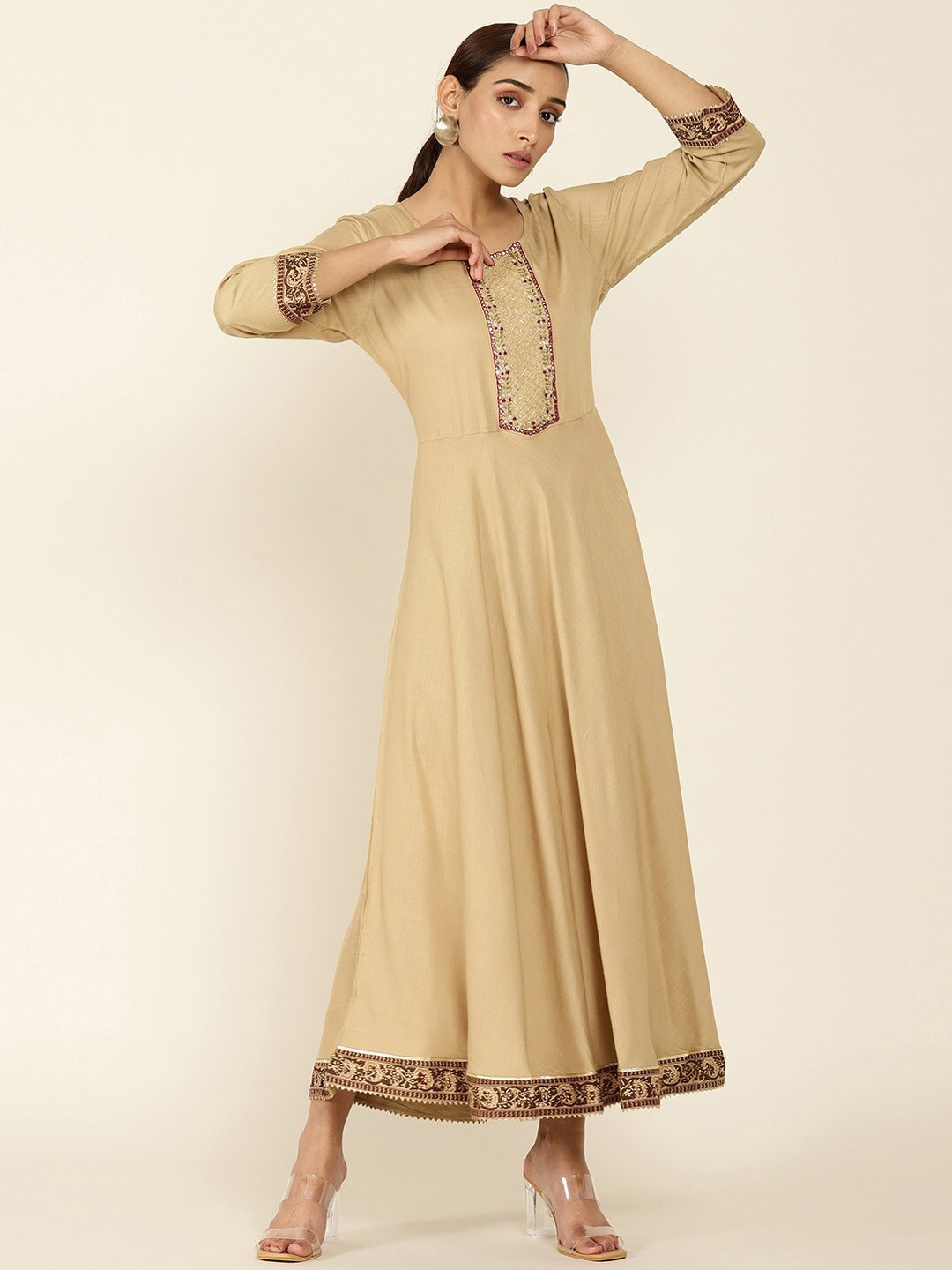 

Soch Women Beige Flared Hem Thread Work Anarkali Kurta