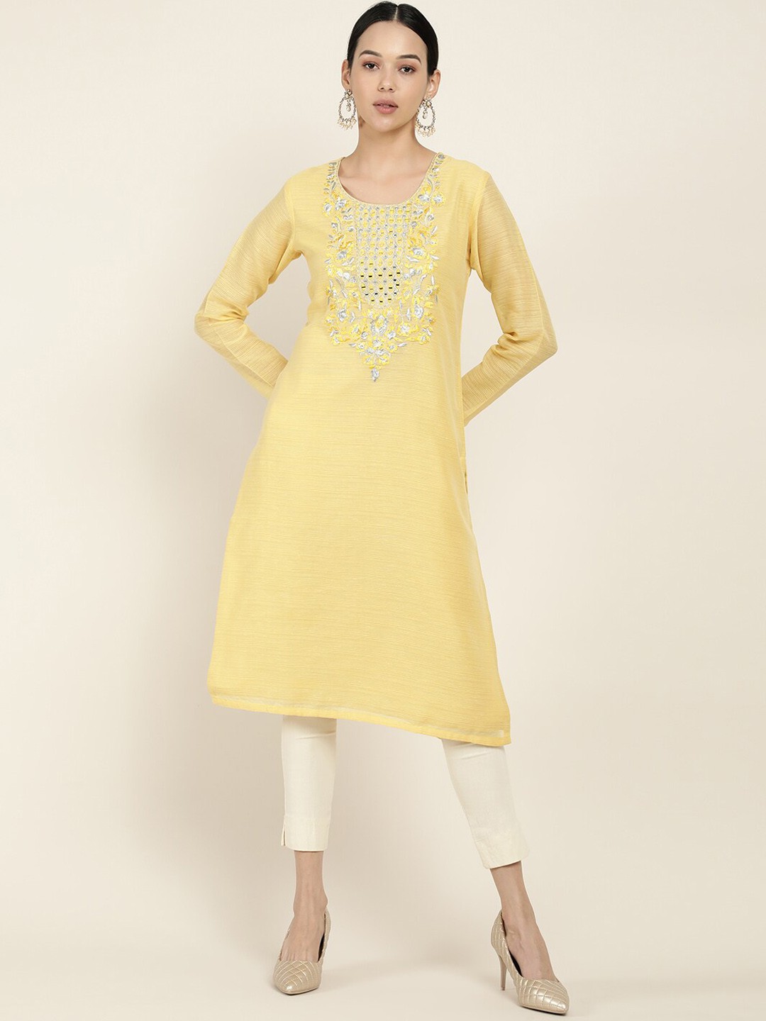 

Soch Women Yellow Yoke Design Round Neck Straight Silk Kurta