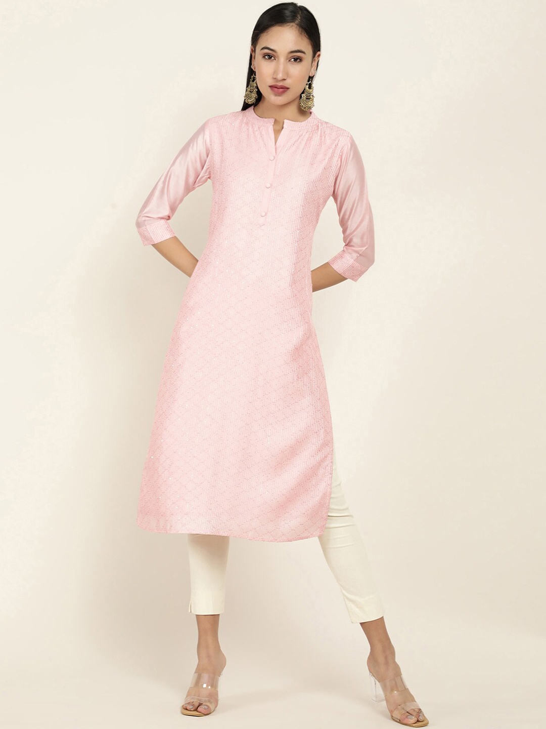 

Soch Women Pink Keyhole Neck Thread Work Chanderi Silk Kurta