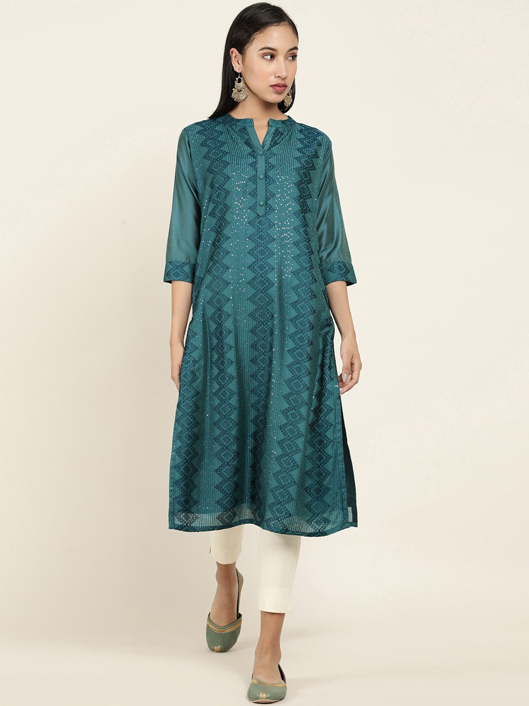

Soch Women Green Geometric Chanderi Silk Kurta