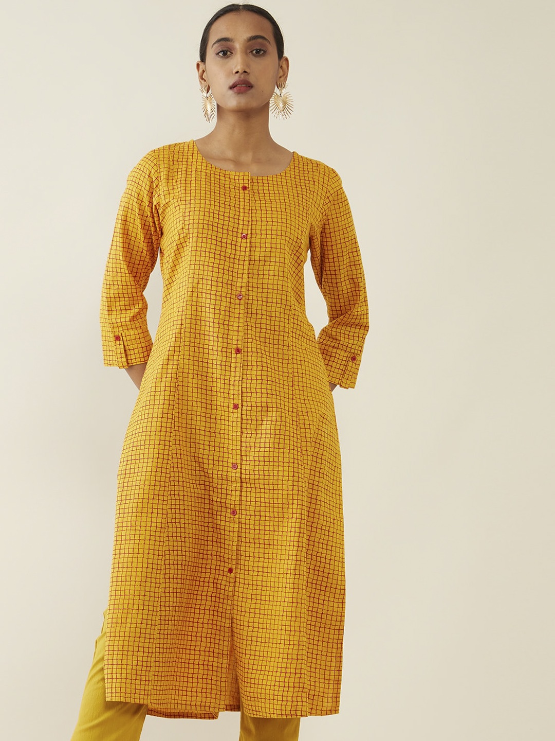 

Soch Women Yellow Checked Printed Round Neck Kurta