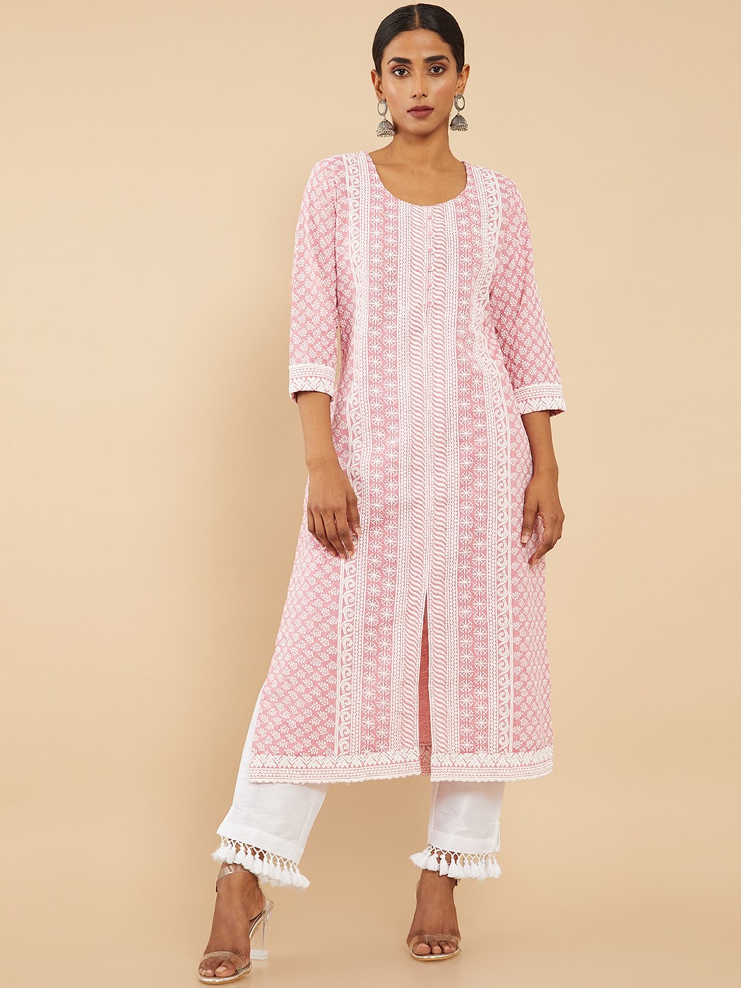 

Soch Women Pink Embroidered Chikankari Design Cotton Kurta